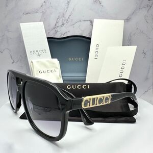 New Gucci Sunglasses Black Pilot Aviator 58mm Navigator Gold Authentic